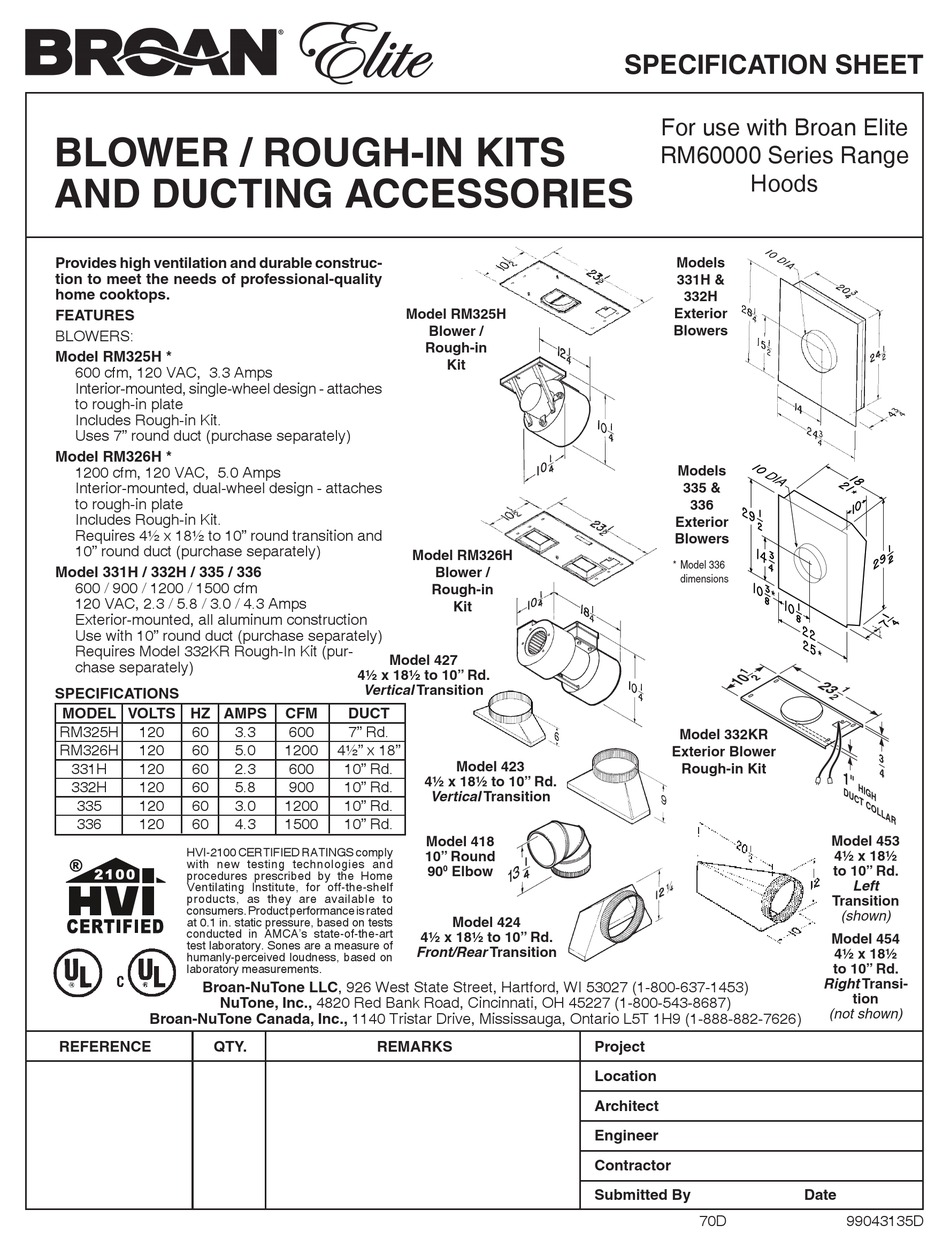 NUTONE 331H SPECIFICATION SHEET Pdf Download | ManualsLib