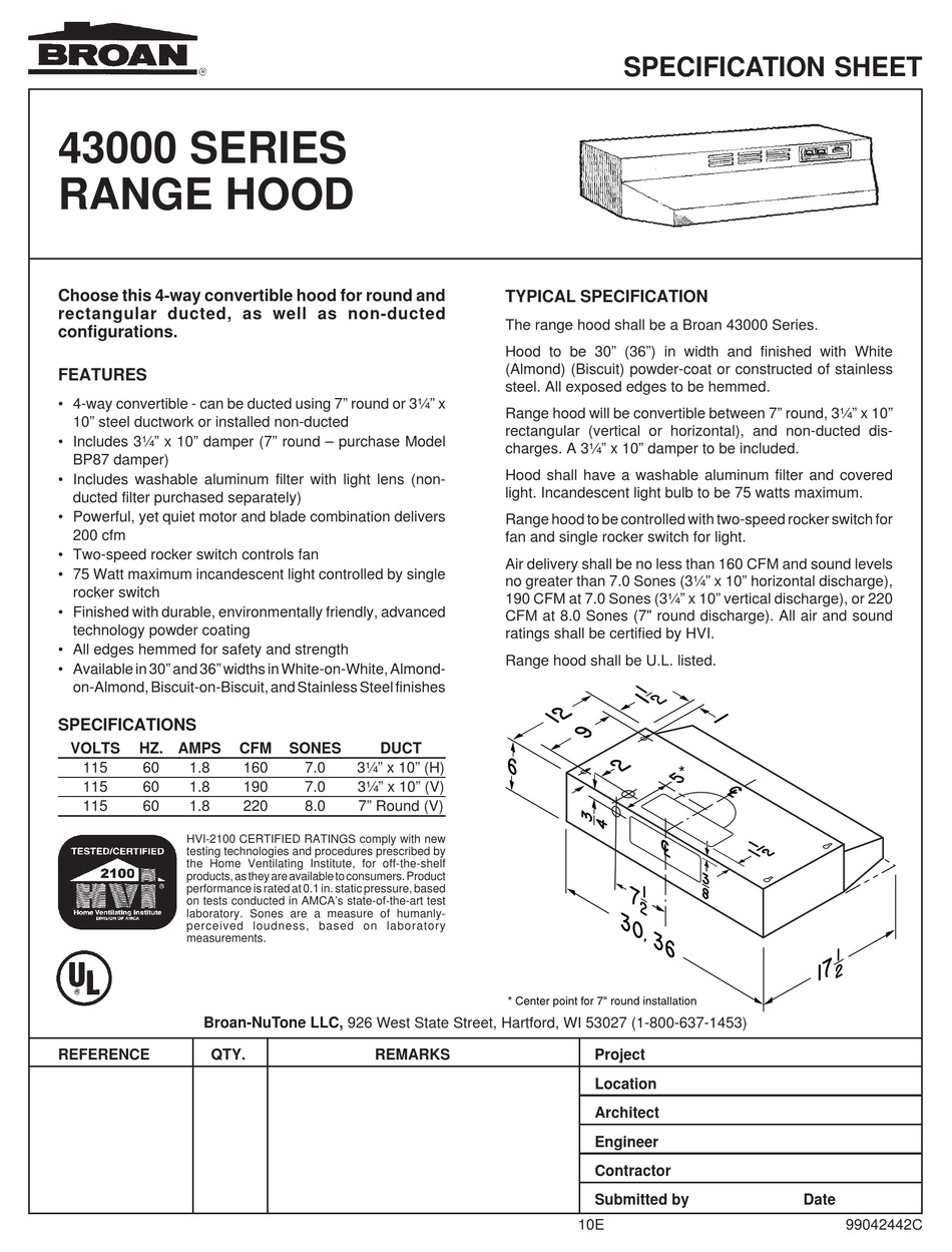 Nutone Ventilation Hood Specification Sheet Manualslib