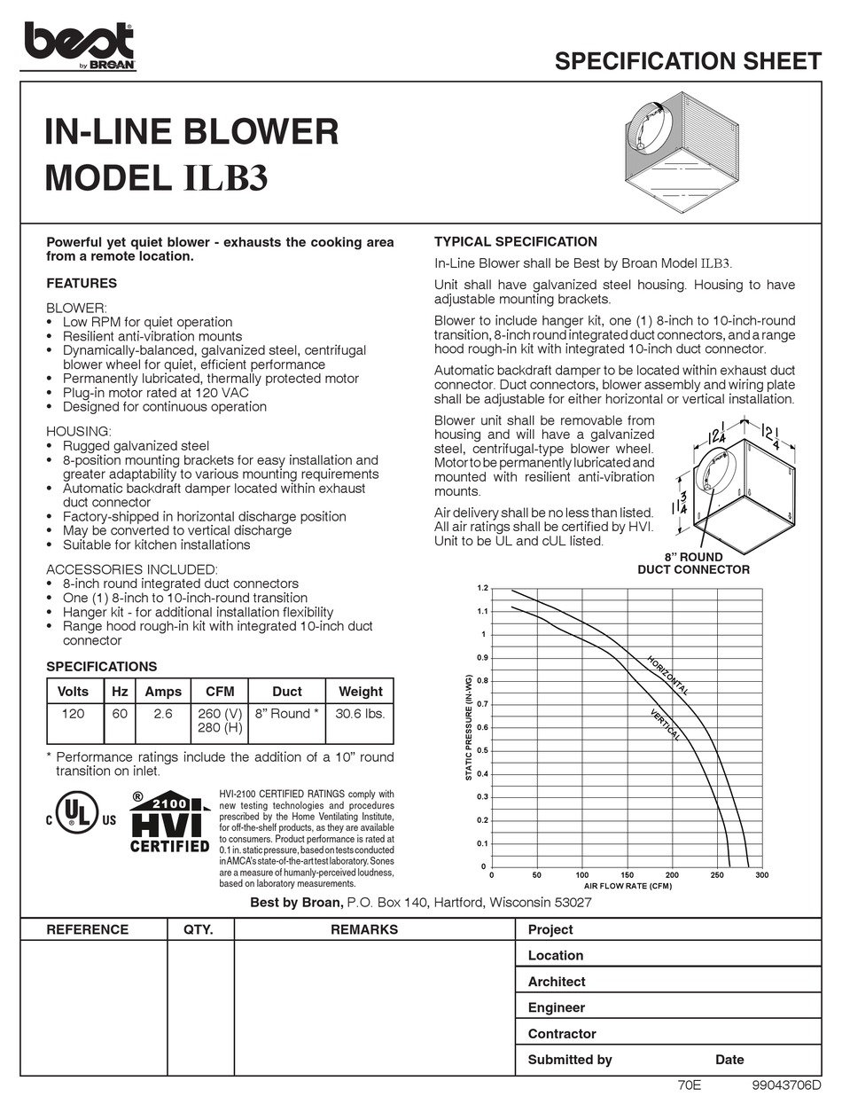 BEST ILB3 BLOWER SPECIFICATION SHEET ManualsLib