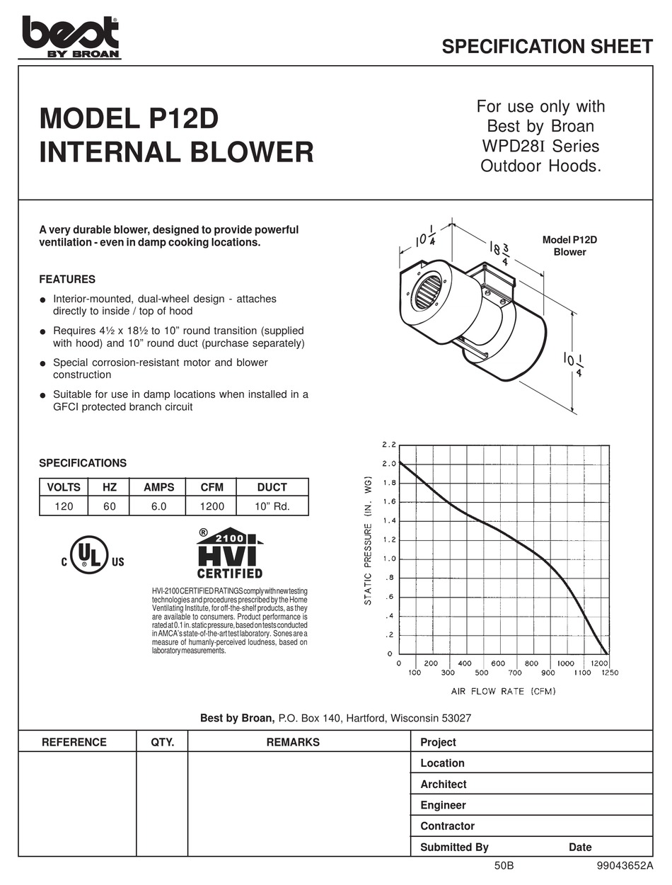 BROAN P12D BLOWER SPECIFICATION SHEET ManualsLib