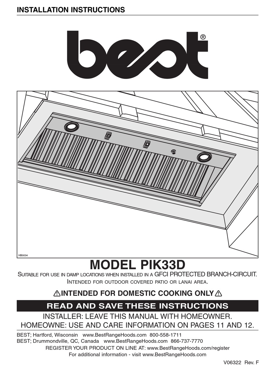 BEST PIK33D VENTILATION HOOD INSTALLATION INSTRUCTIONS MANUAL ManualsLib