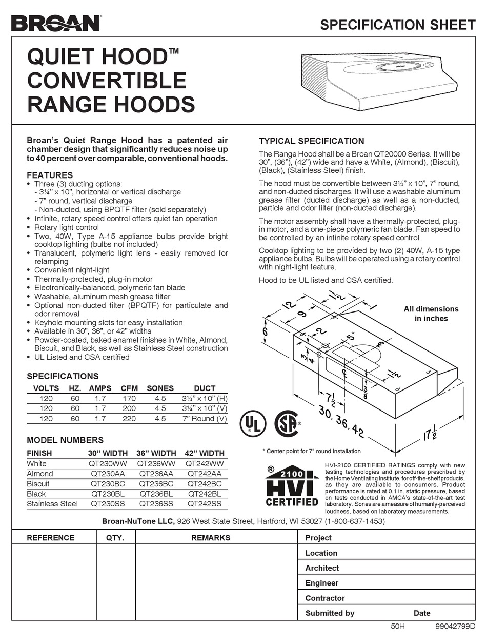 Nutone Qt Ventilation Hood Specification Sheet Manualslib