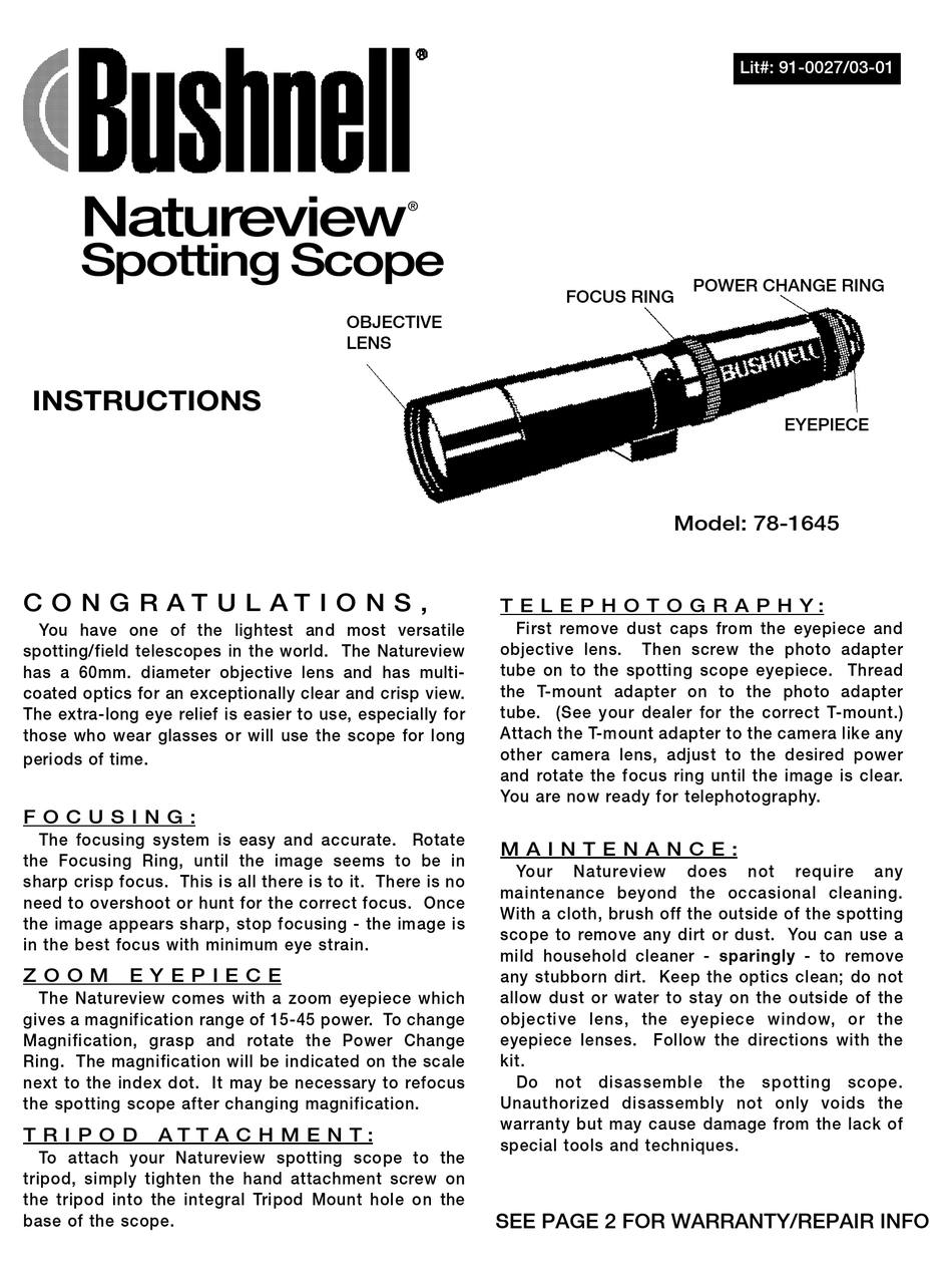 BUSHNELL NATUREVIEW 781645 TELESCOPE INSTRUCTIONS ManualsLib