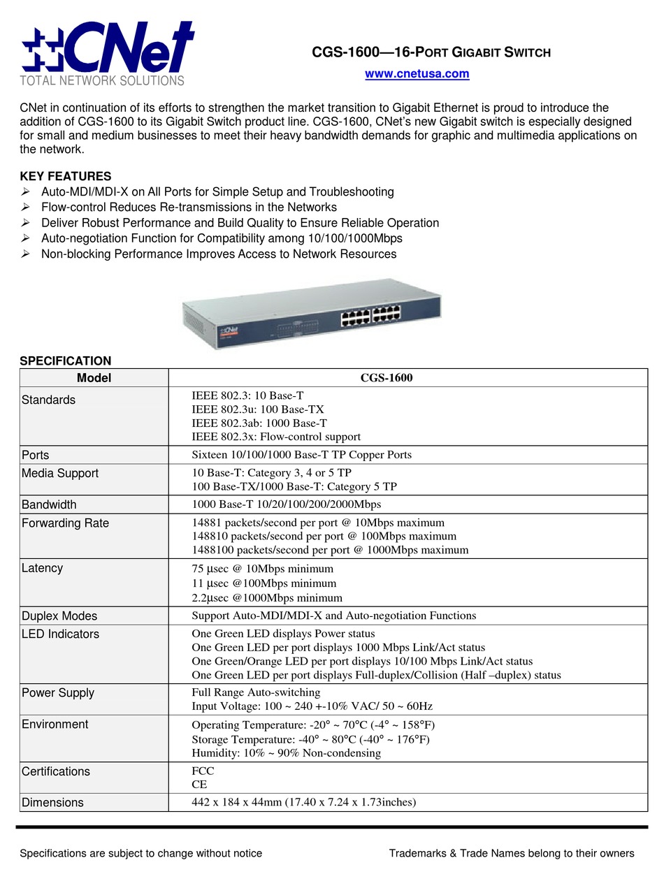 CNET CGS-1600 SPECIFICATIONS Pdf Download | ManualsLib