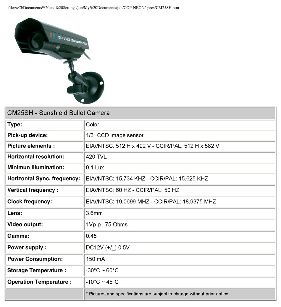 COPUSA CM25SH SECURITY CAMERA SPECIFICATIONS ManualsLib