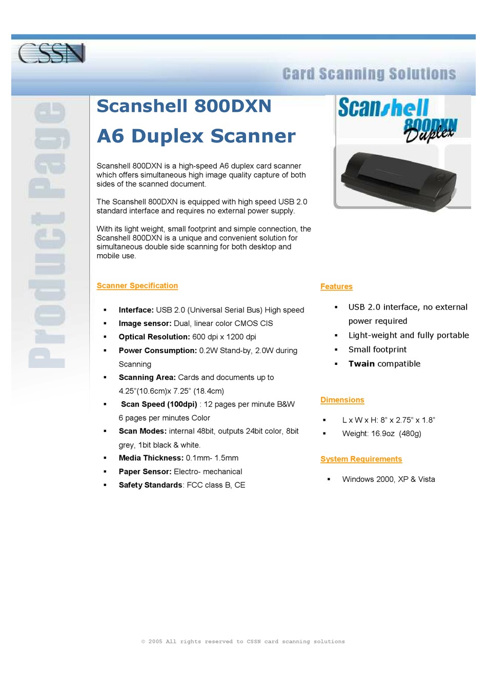 CSSN SCANSHELL 800DXN SCANNER SPECIFICATIONS ManualsLib