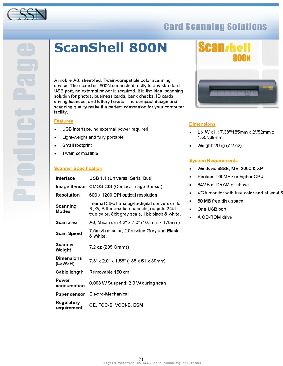 CSSN SCANSHELL 800N SCANNER SPECIFICATIONS | ManualsLib