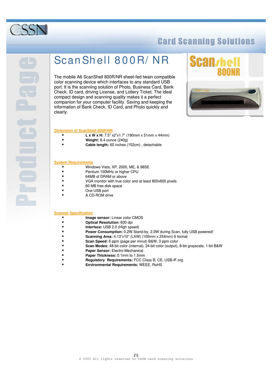 CSSN SCANSHELL 800NR SCANNER SPECIFICATIONS | ManualsLib