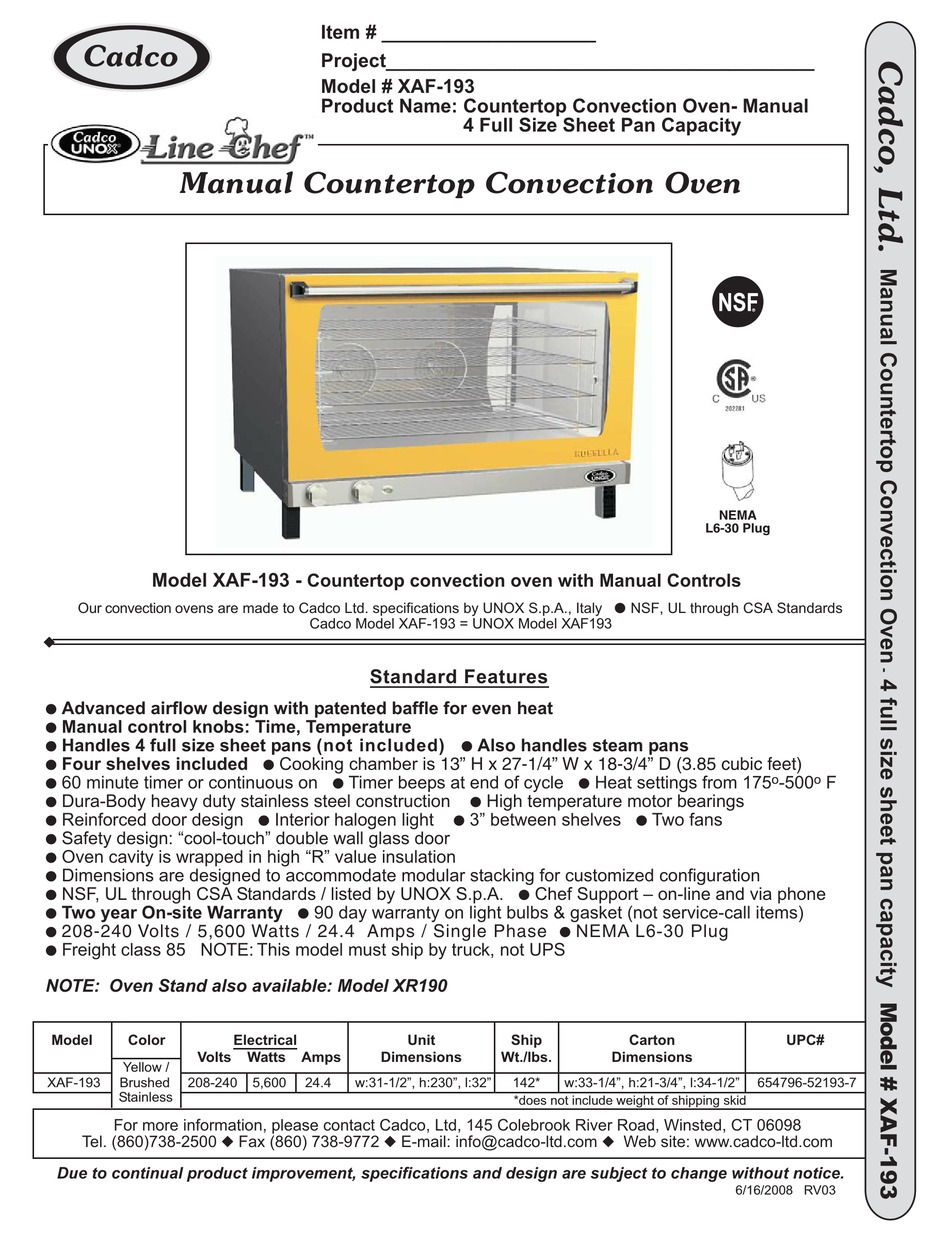 Cadco XAF-193 Convection Oven Electric