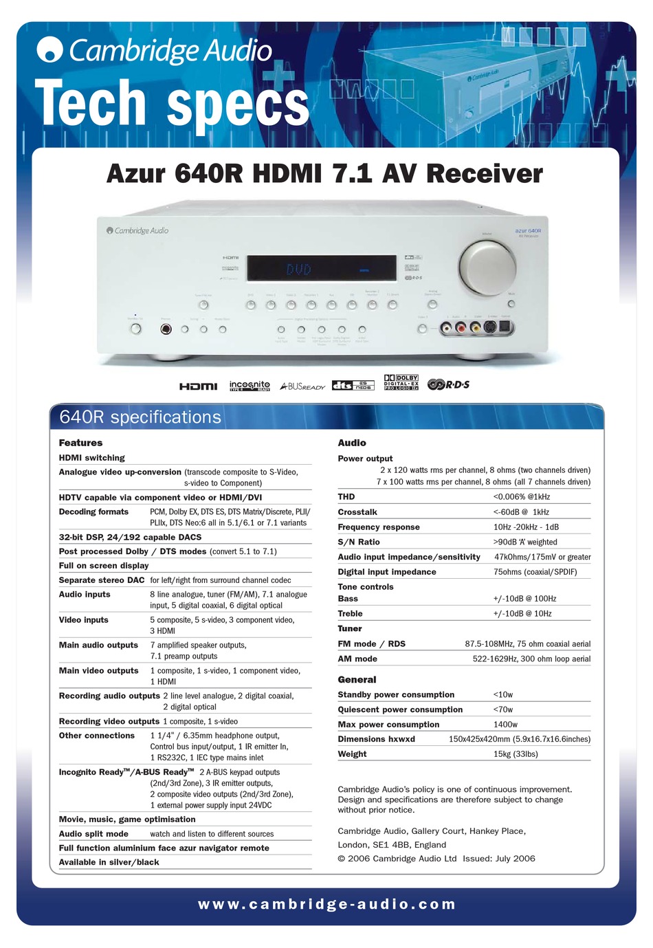 CAMBRIDGE AUDIO AZUR 640R TECHNICAL SPECIFICATIONS Pdf Download