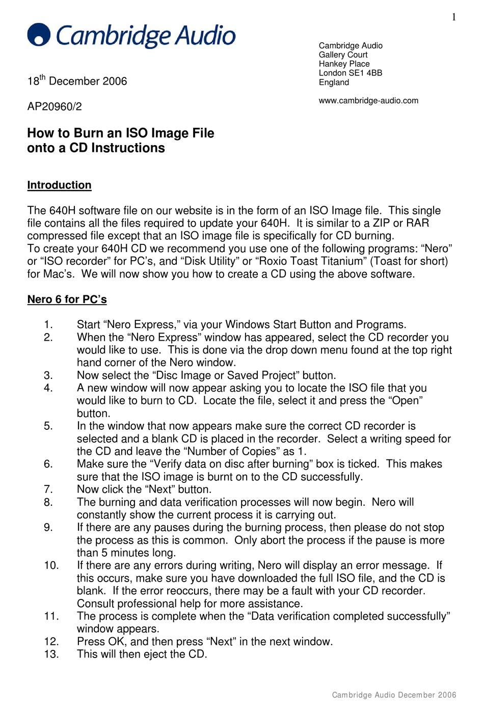 Cambridge Audio Instructions