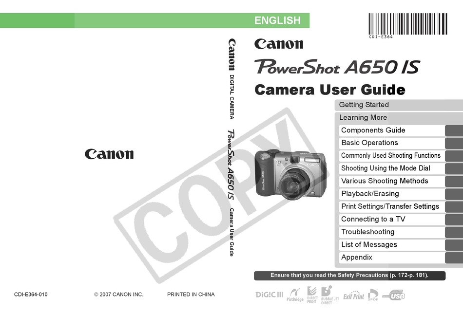 Canon Powershot A650 IS  Digital Camera User Guide Instruction  Manual 