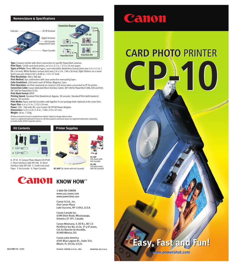 CANON CP-10 PRINTER SPECIFICATIONS | ManualsLib