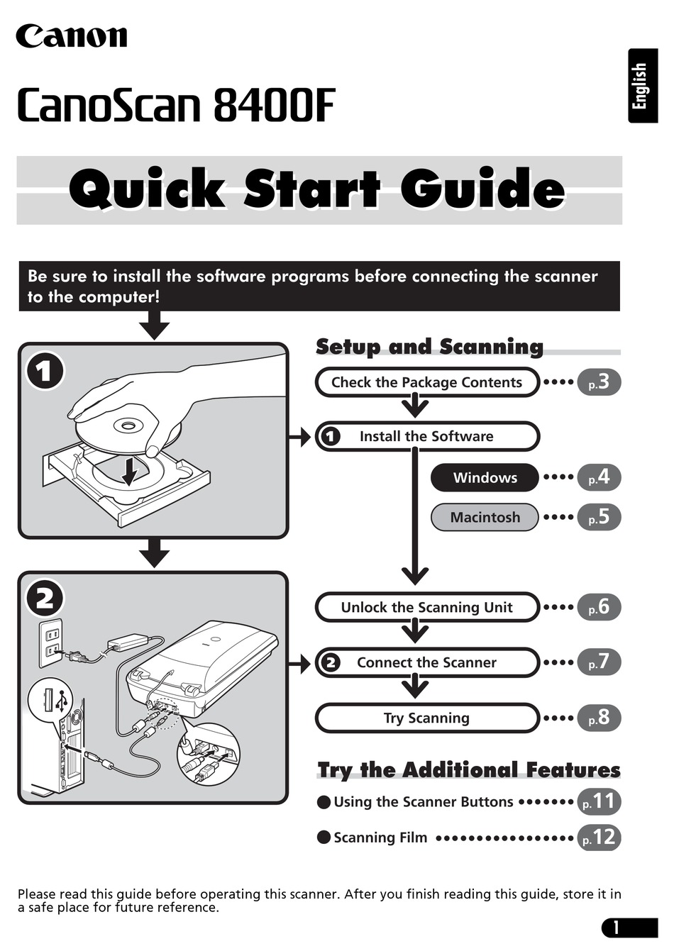 CANON 8400F SCANNER QUICK START MANUAL