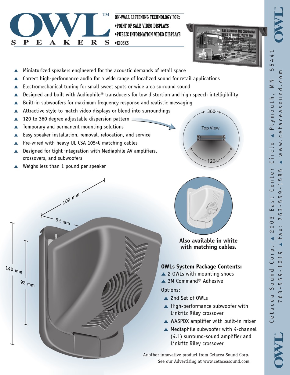 CETACEA SOUND OWL21W SPEAKER SPECIFICATIONS ManualsLib