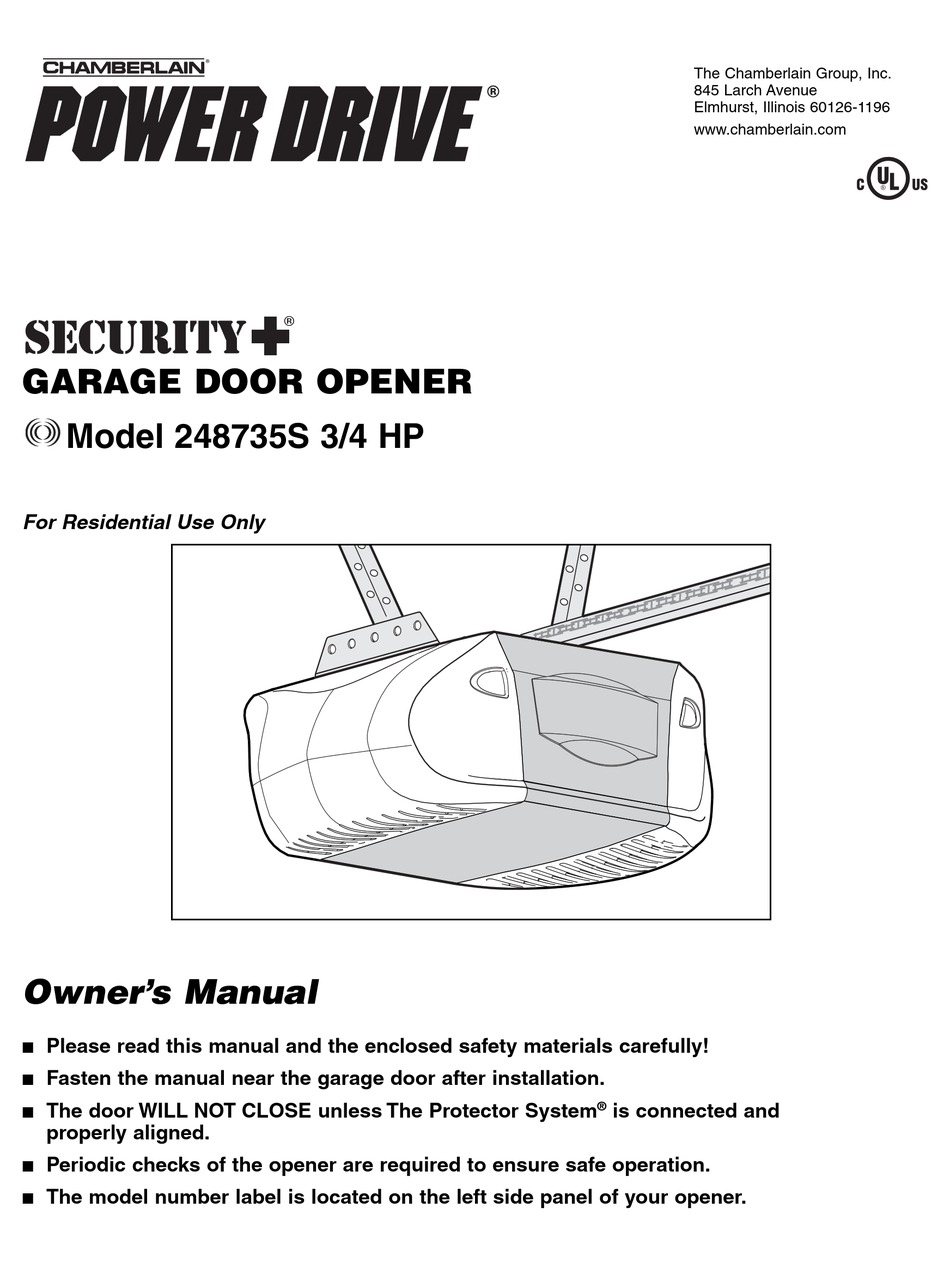 CHAMBERLAIN POWER DRIVE SECURITY+ 248735S GARAGE DOOR OPENER OWNER