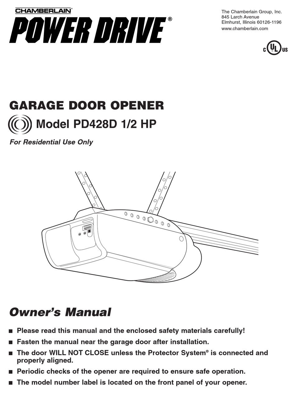 CHAMBERLAIN POWER DRIVE PD428D GARAGE DOOR OPENER OWNER'S MANUAL