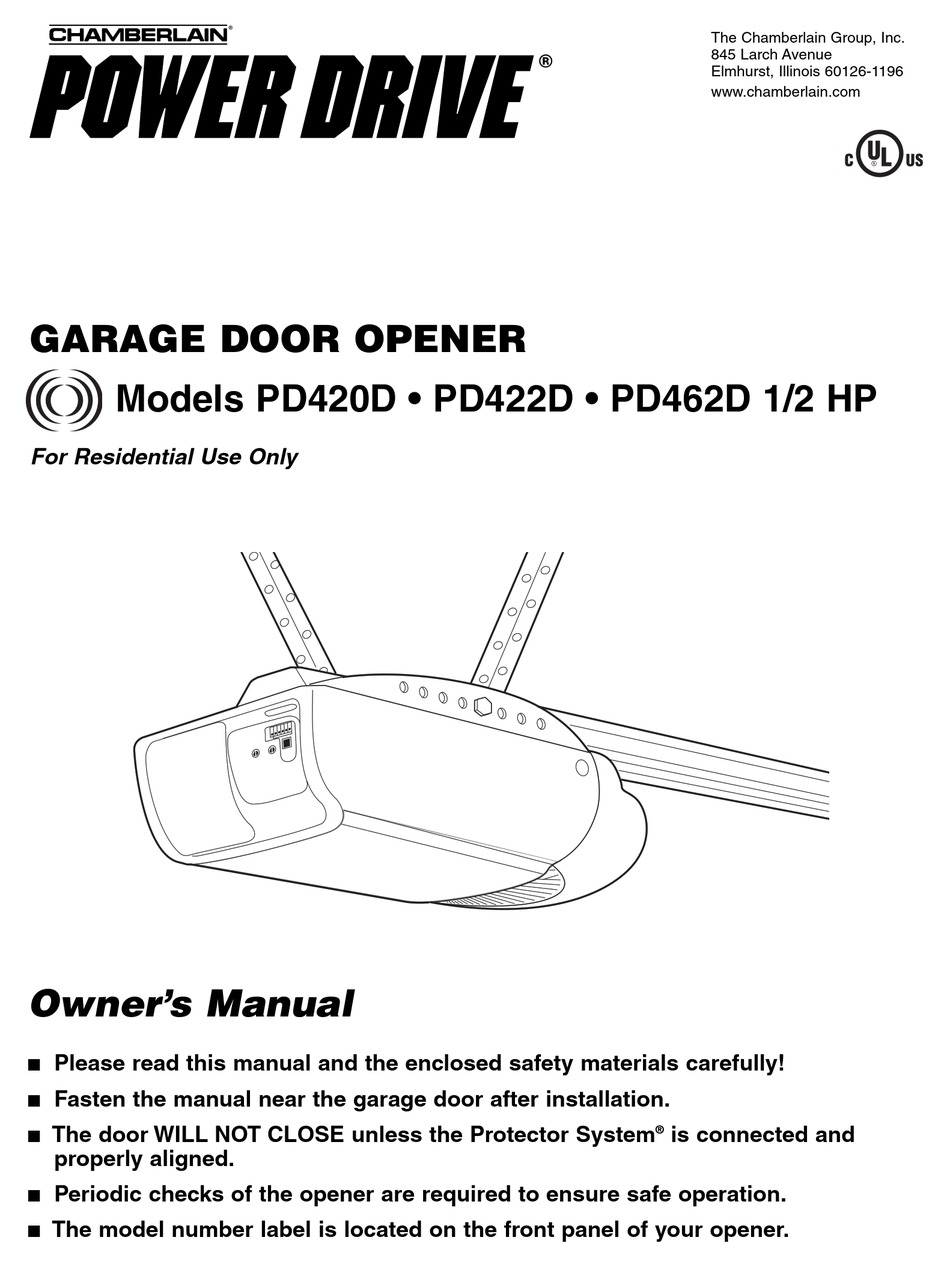 CHAMBERLAIN POWER DRIVE PD420D GARAGE DOOR OPENER OWNER'S MANUAL