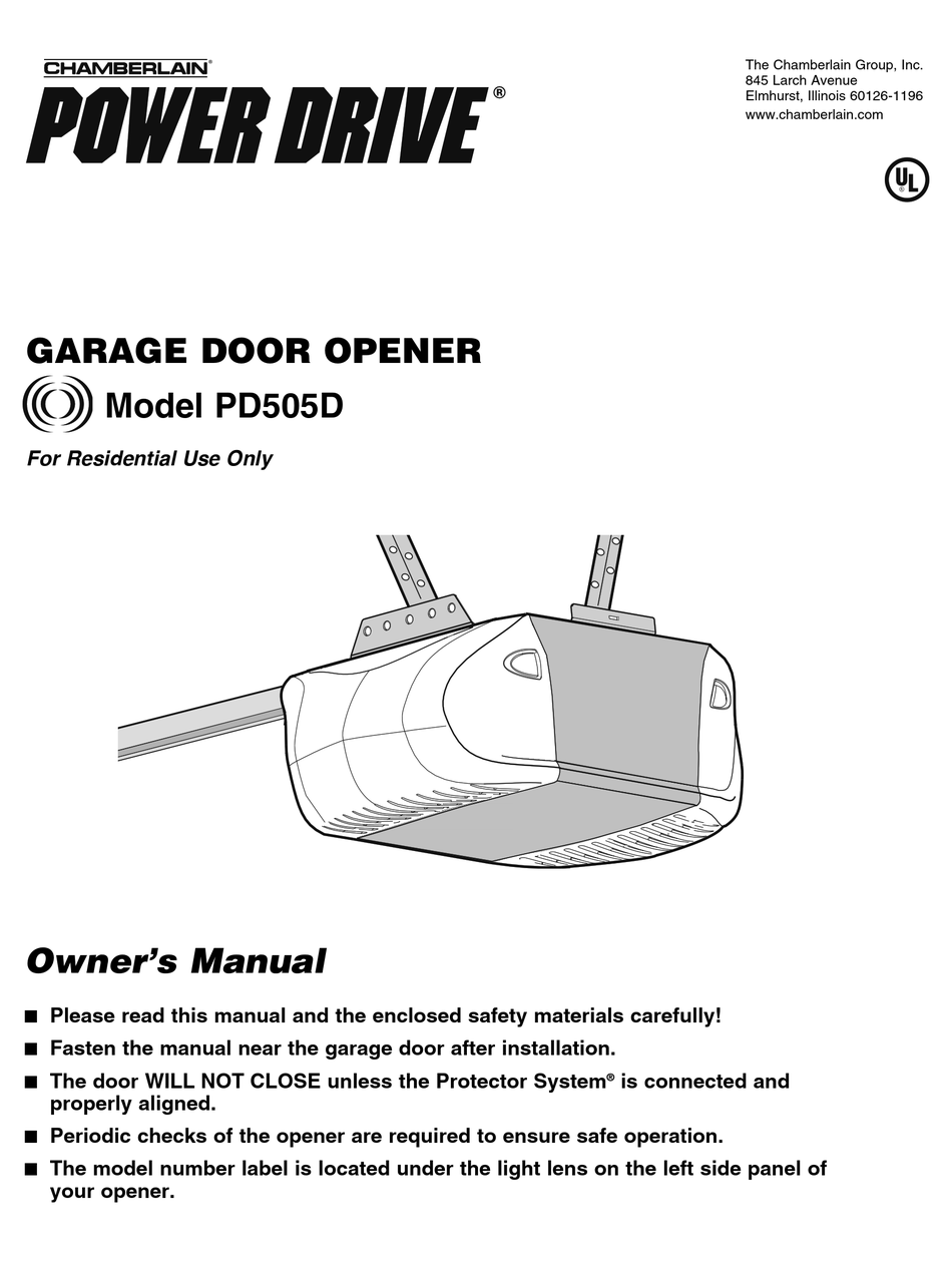 CHAMBERLAIN POWER DRIVE PD505D GARAGE DOOR OPENER OWNER'S MANUAL ManualsLib