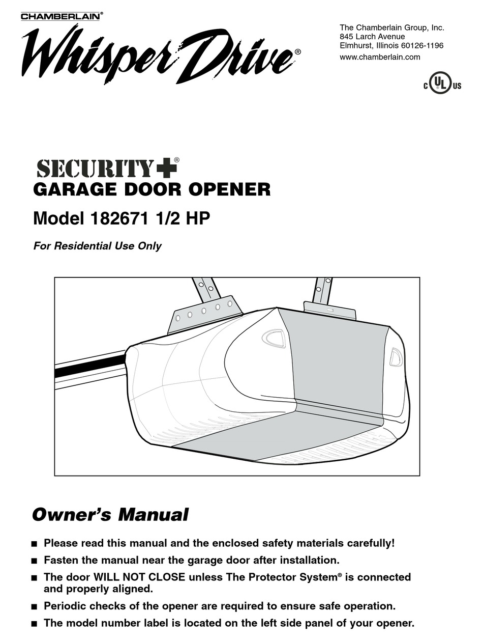 CHAMBERLAIN WHISPER DRIVE SECURITY+ 182671 GARAGE DOOR OPENER OWNER'S