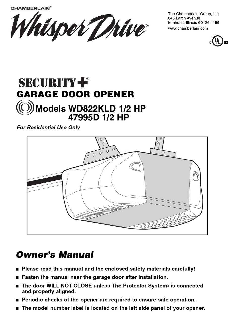 CHAMBERLAIN WHISPER DRIVE SECURITY+ 47995D GARAGE DOOR OPENER OWNER