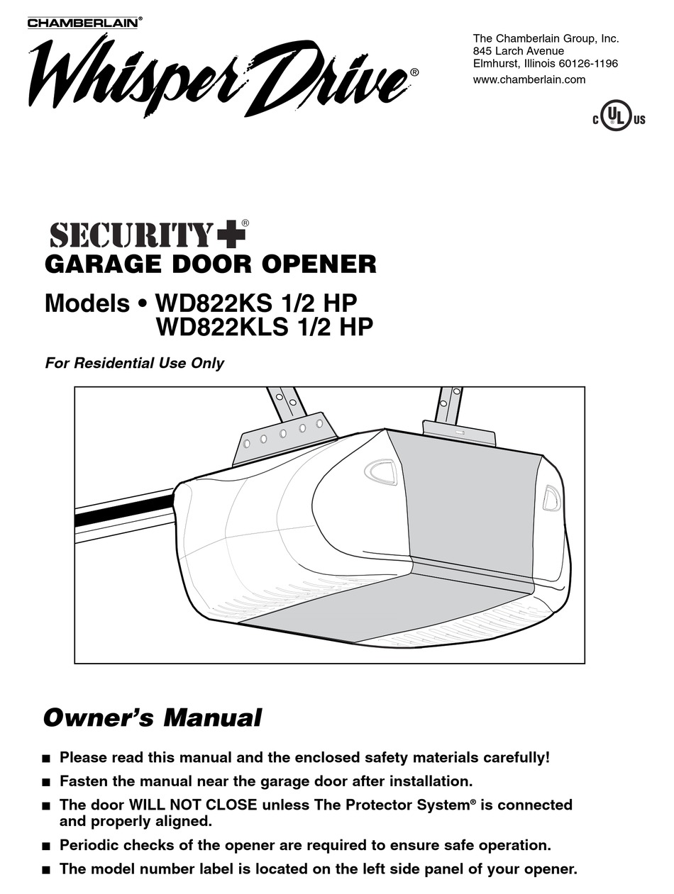 CHAMBERLAIN WHISPER DRIVE SECURITY+ WD822KLS OWNER'S MANUAL Pdf