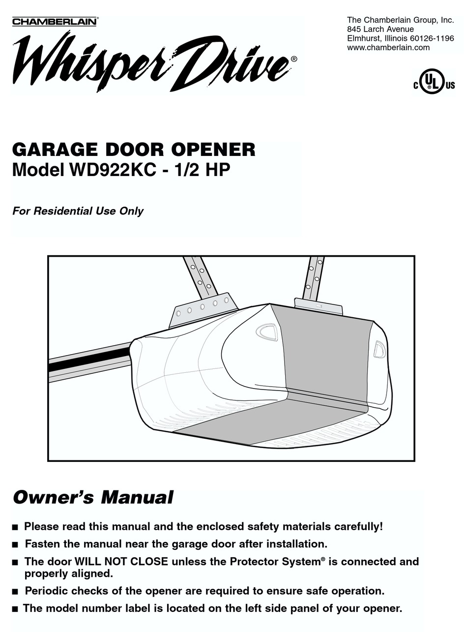 CHAMBERLAIN WHISPER DRIVE WD922KC GARAGE DOOR OPENER OWNER