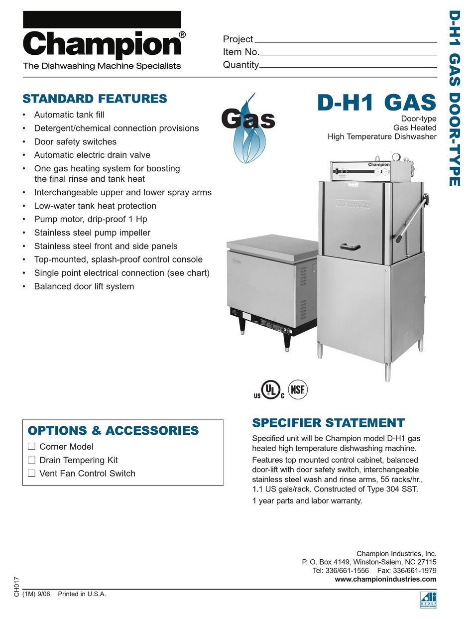 CHAMPION DH1 GAS DISHWASHER SPECIFICATIONS ManualsLib