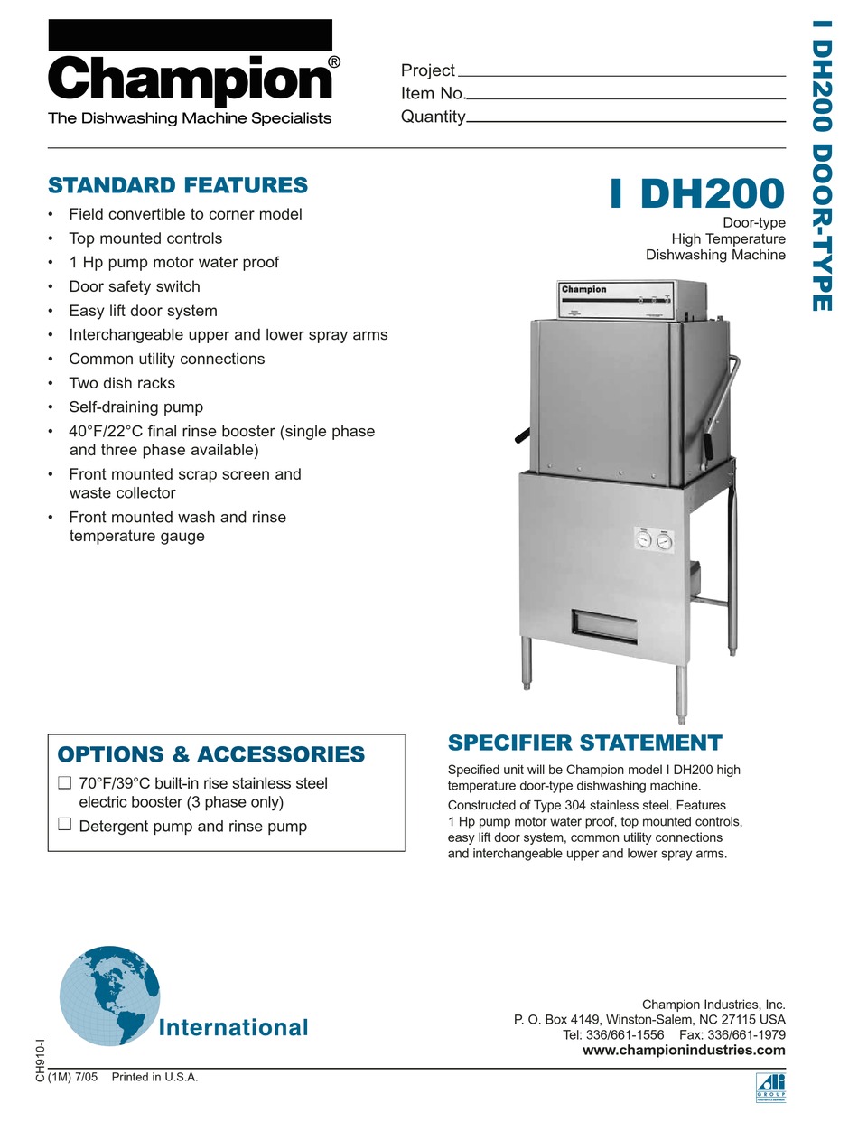 CHAMPION I DH200 DISHWASHER SPECIFICATIONS ManualsLib