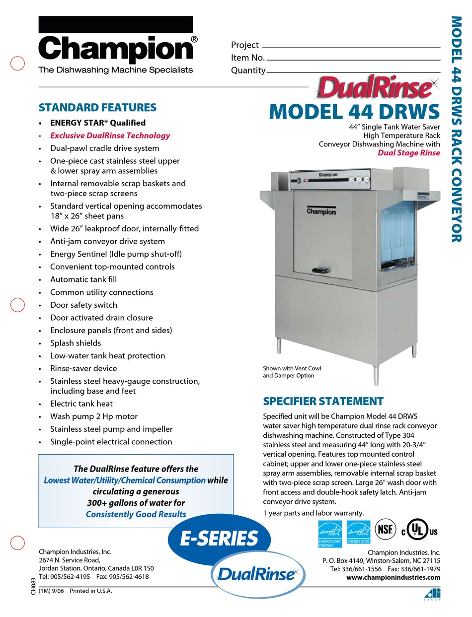 CHAMPION MODEL 44 DRWS DISHWASHER SPECIFICATIONS ManualsLib