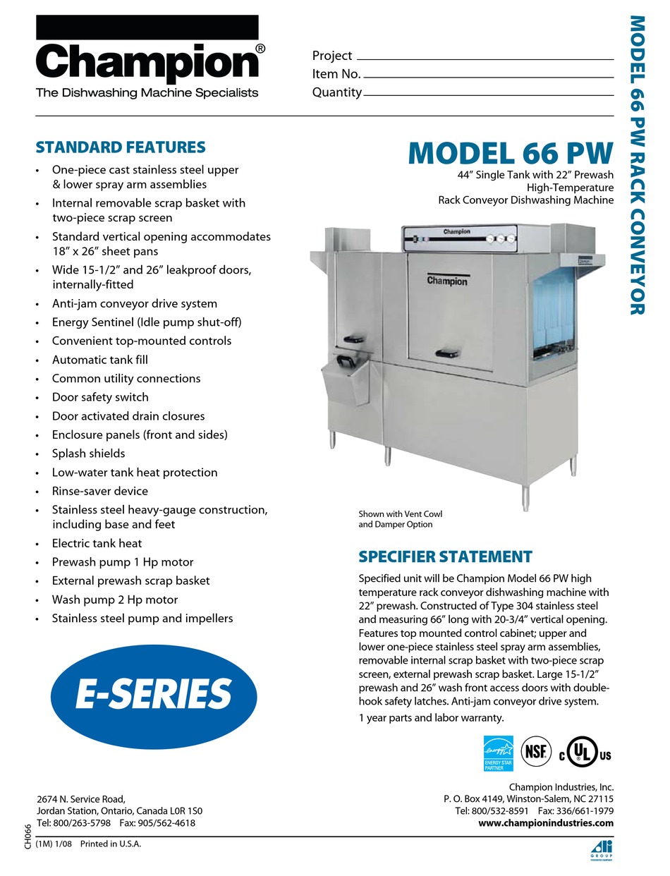 CHAMPION MODEL 66 PW DISHWASHER SPECIFICATIONS ManualsLib