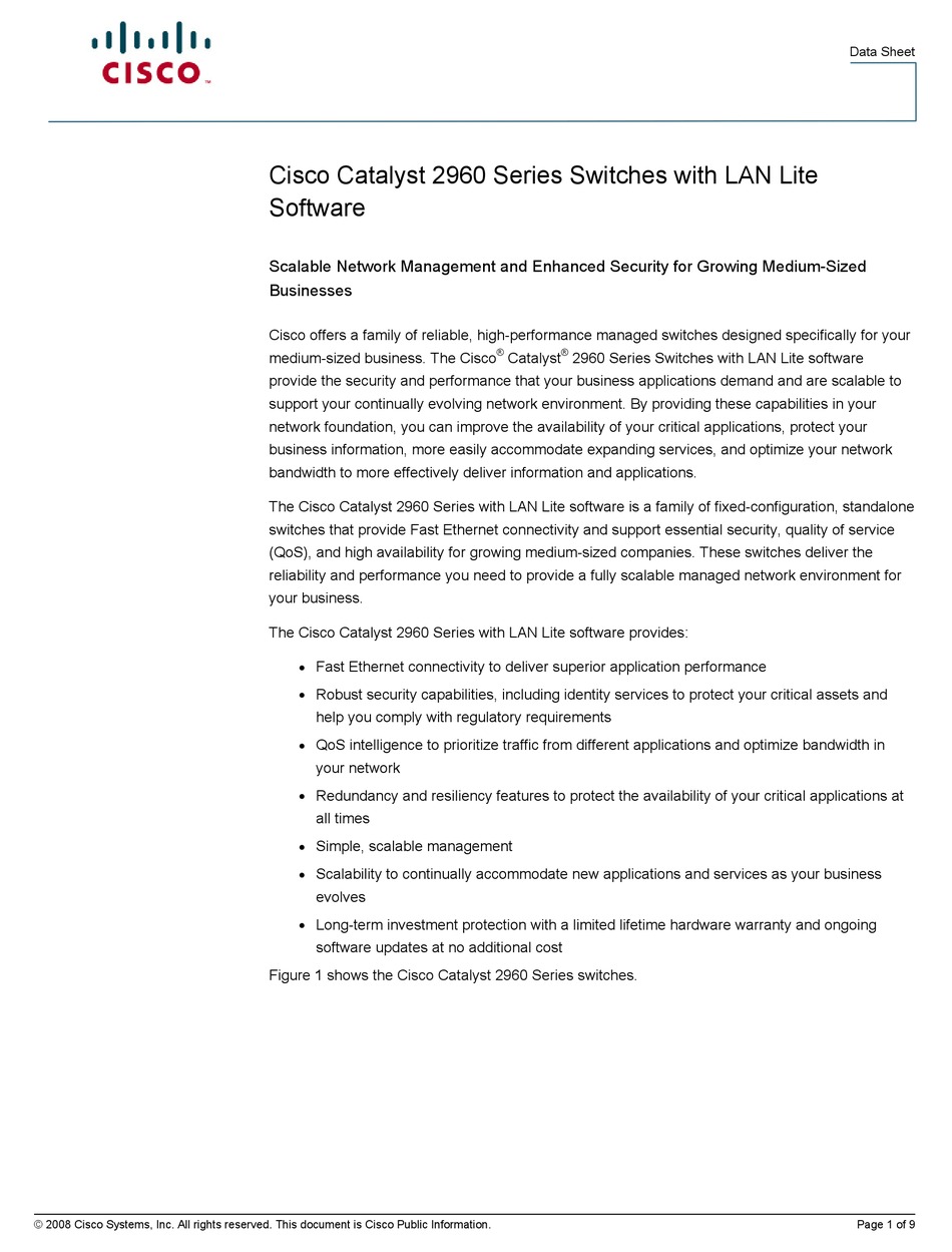 Cisco Catalyst 2960 Series Datasheet Pdf Download Manualslib