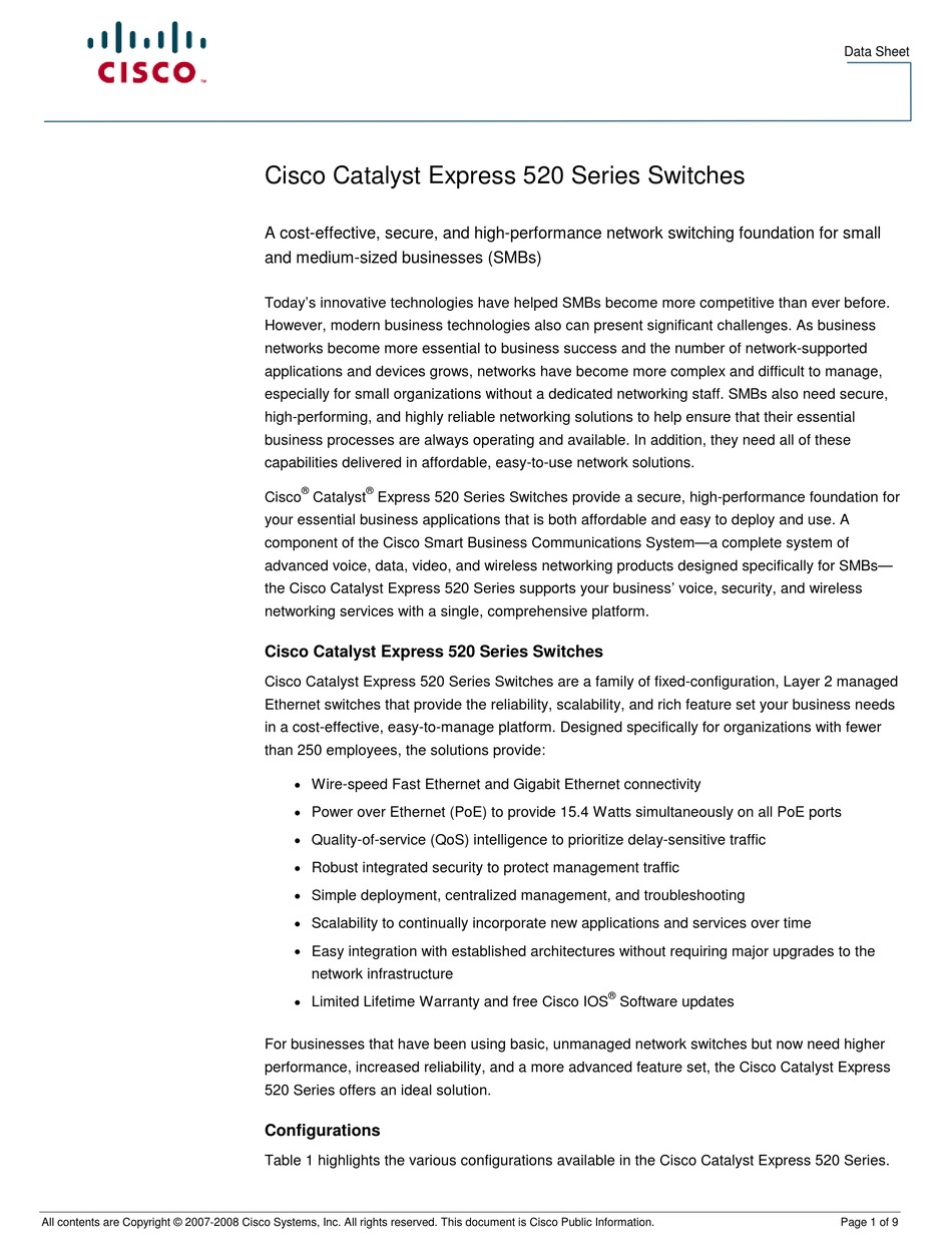 CISCO CATALYST EXPRESS 520-24LC SWITCH DATASHEET | ManualsLib