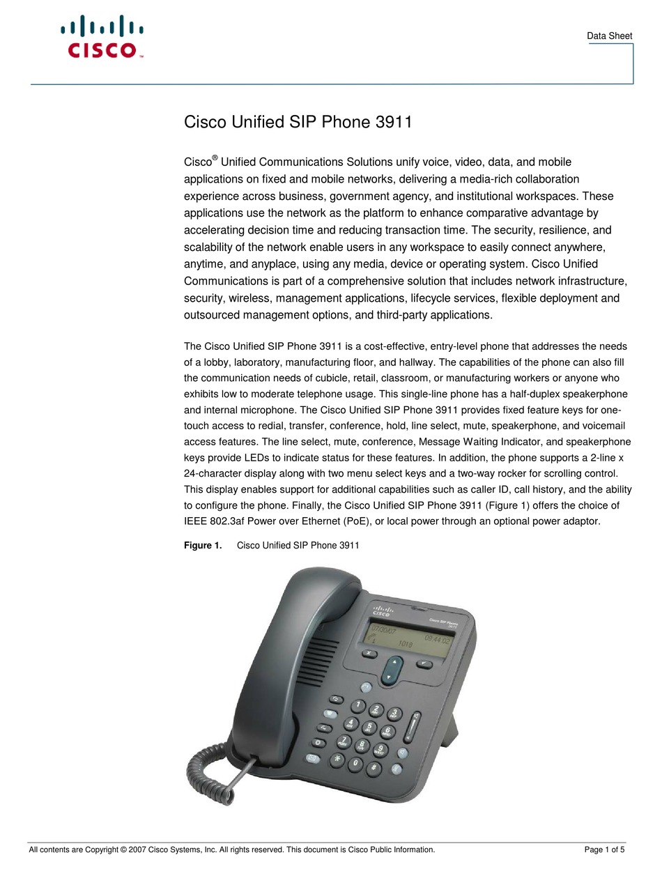 CISCO CP-3911 IP PHONE DATASHEET | ManualsLib