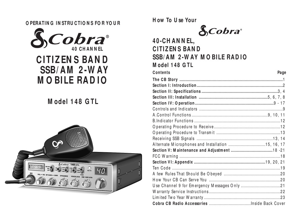 Cobra 148 Gtl Two Way Radio Operating Instructions Manual Manualslib