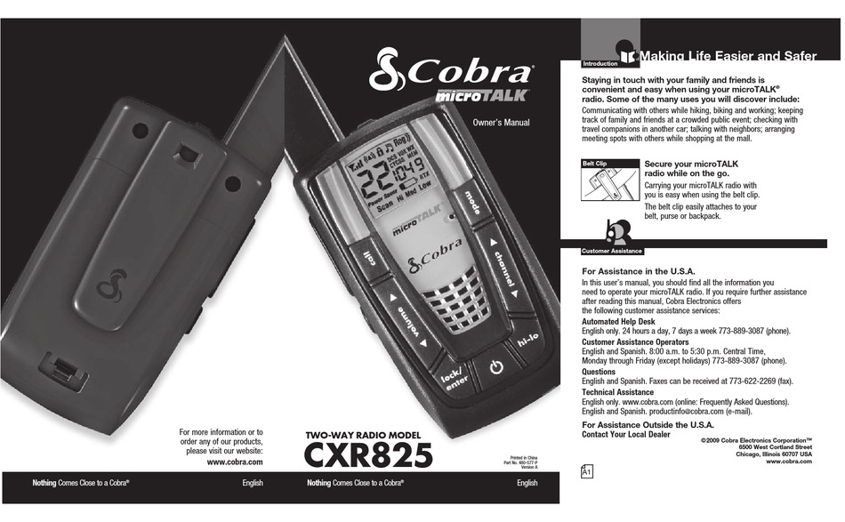 COBRA MICROTALK CXR825 TWO-WAY RADIO OWNER'S MANUAL | ManualsLib