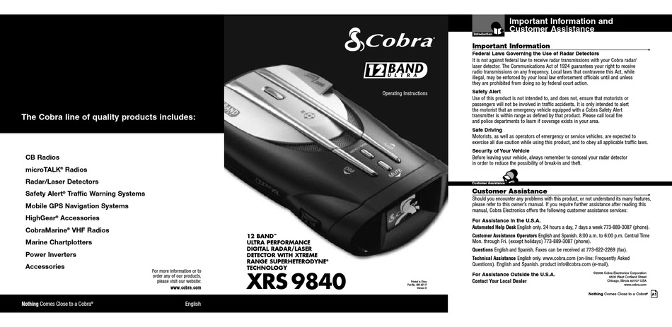 COBRA XRS 9840 RADAR DETECTOR OPERATING INSTRUCTIONS MANUAL | ManualsLib