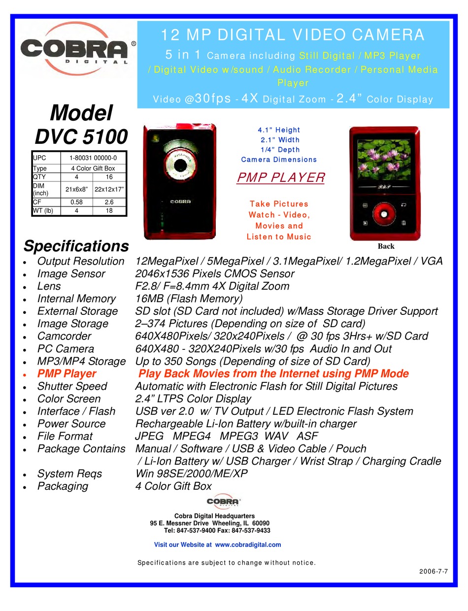 COBRA DIGITAL DVC5100 DIGITAL CAMERA SPECIFICATIONS ManualsLib