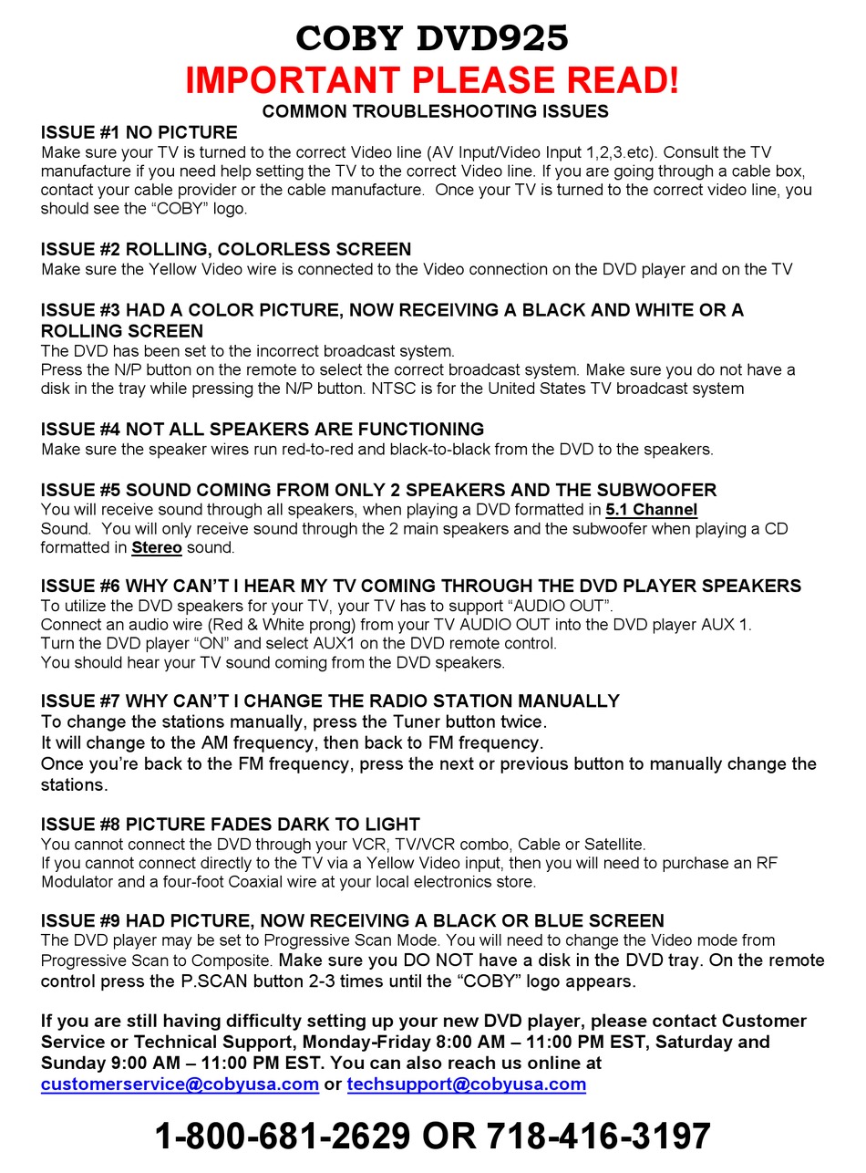 COBY DVD925 HOME THEATER SYSTEM TROUBLESHOOTING ManualsLib