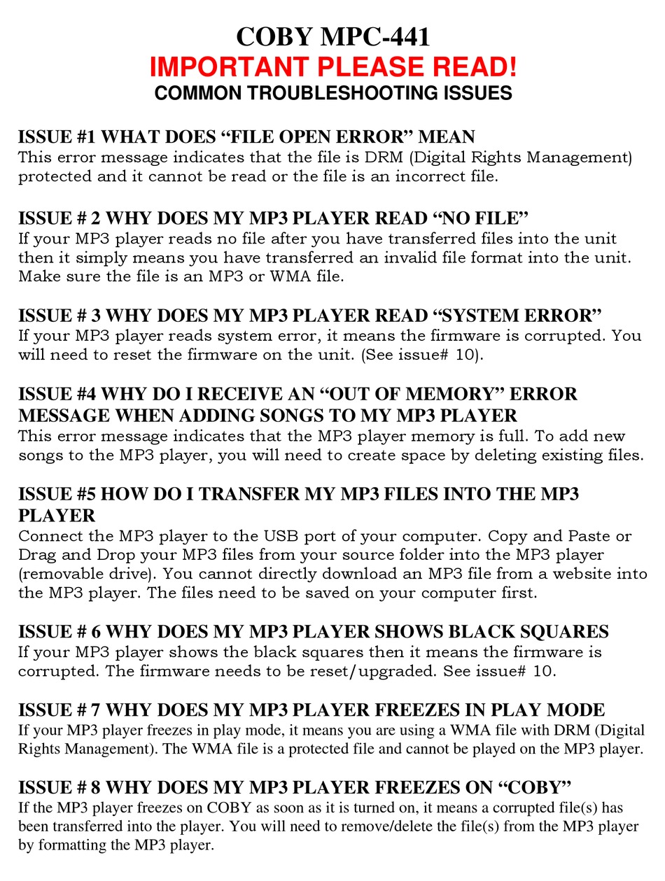 COBY MPC441 MP3 PLAYER TROUBLESHOOTING ManualsLib