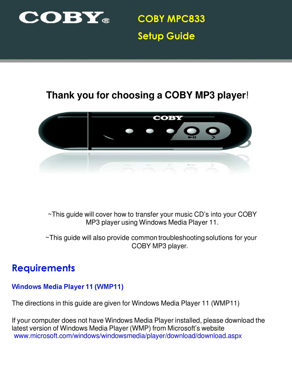 COBY MPC833 MP3 PLAYER SETUP MANUAL ManualsLib