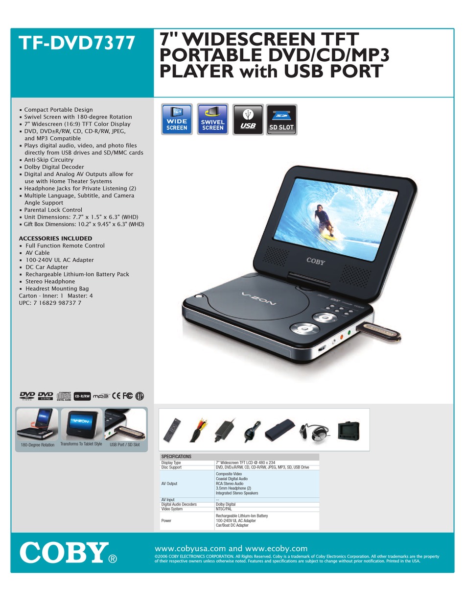 Coby Tf Dvd7377 Portable Dvd Player Specifications Manualslib