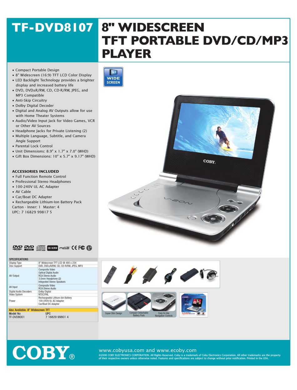 COBY TF-DVD8107 PORTABLE DVD PLAYER SPECIFICATIONS | ManualsLib