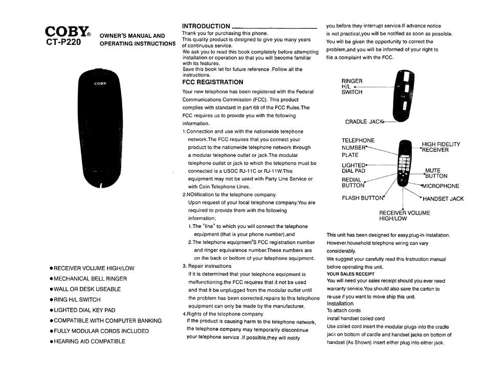COBY CTP220 TELEPHONE OWNER'S MANUAL AND OPERATING INSTRUCTIONS