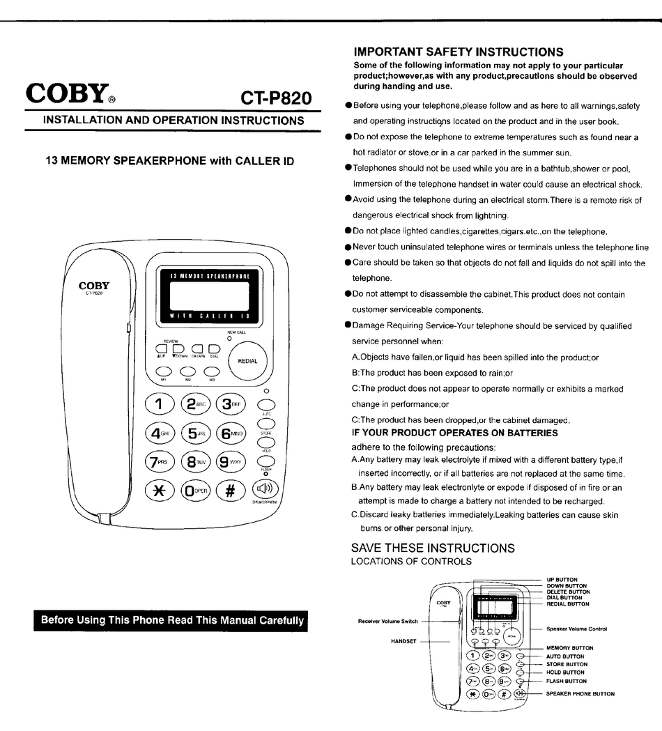 COBY CTP820 TELEPHONE INSTALLATION AND OPERATION INSTRUCTIONS ManualsLib