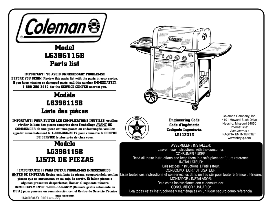 COLEMAN LG39611SB GRILL PARTS LIST ManualsLib