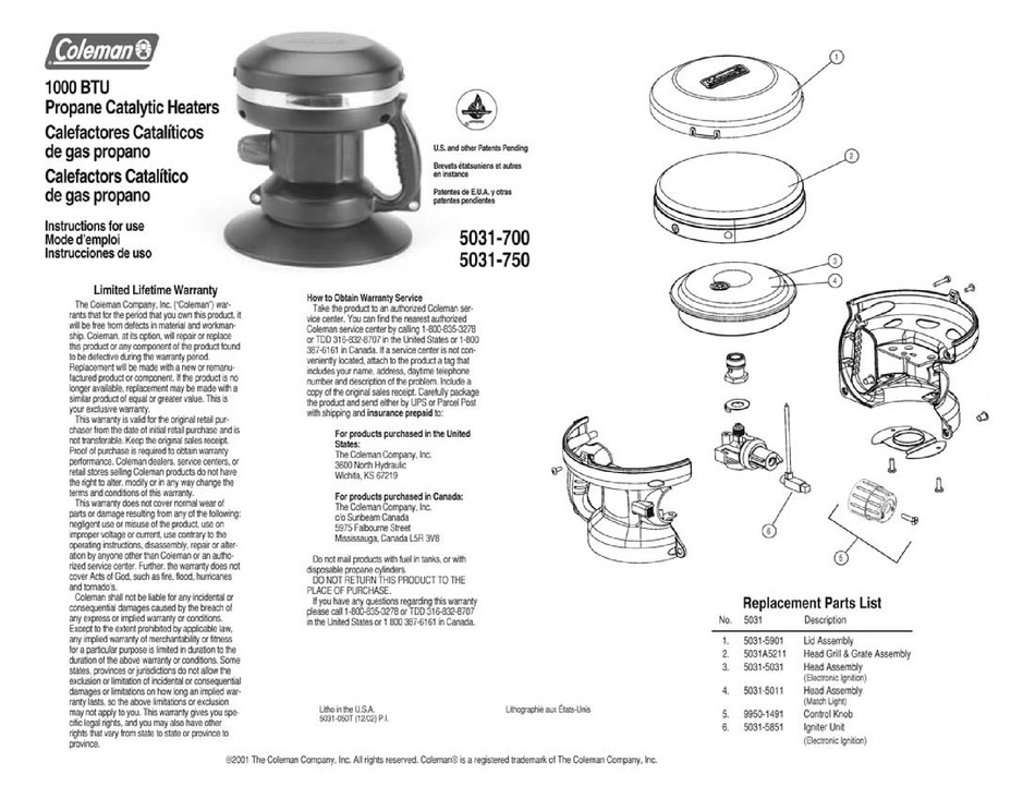 Coleman 5031 700 Instructions For Use Pdf Download Manualslib