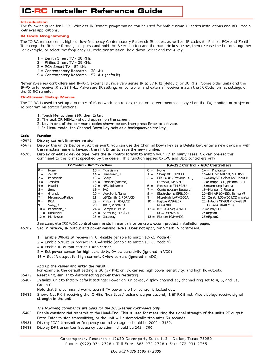 CONTEMPORARY RESEARCH IC-RC REMOTE CONTROL INSTALLER'S REFERENCE MANUAL ...