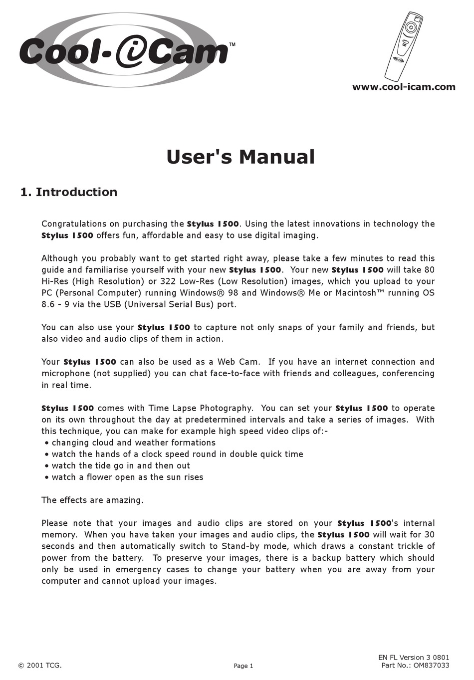 COOL-ICAM STYLUS 1500 WEBCAM USER MANUAL | ManualsLib