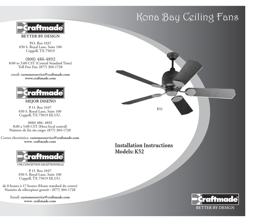 Craftmade K52 Installation Instructions, Craftmade Ceiling Fan Light Kit Instructions